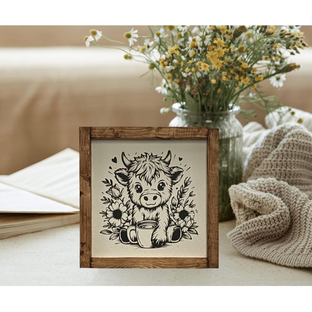 Handcrafted Handmade Highland Cow w/ flowers Coffee mug 9X9 Rustic sign NEW